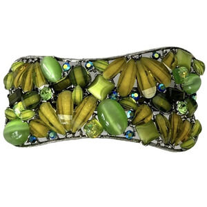 Jeweled Hair Clip Barrette Multicolor Silver Tone w/ Greens & Blue